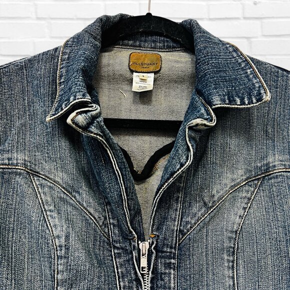 Jill Stuart Jeans Vintage Front Zip Denim Jacket V-Neck Classic Jean Blazer - Picture 8 of 11